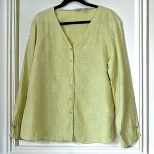 J.Jill 100% Linen Button Front Blouse Lime Green Long Sleeve Size L